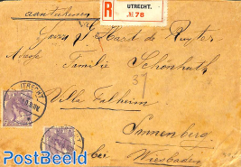 Registered mail, envelope from Utrecht to Sannenberg with 2x 17.5c violet stamp