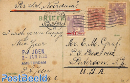 Postcard to USA with remarkable franking