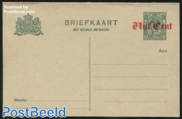 Reply Paid Postcard Vijf cent on 3c, Yellow cardboard