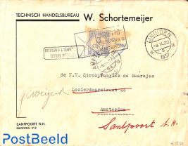 Envelope from IJmuiden to Amsterdam send back, postage due 3cent/