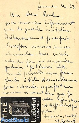 postcard from Bern to Lausanne, Thé Louis Béchert