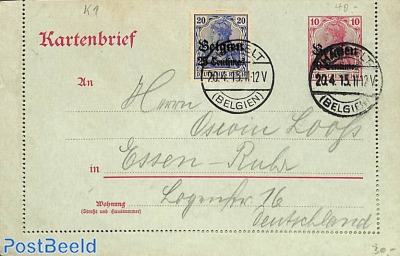 Card letter 10c, uprated from HASSELT to Essen