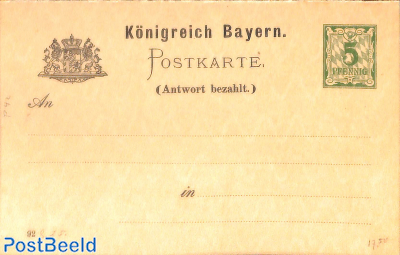 Reply Paid Postcard 5/5pf, year 92