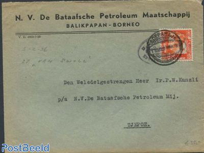 Envelope from Balikpapan to Tjepoe, via Soerabaja. With Tjepoe and Soerabaja mark