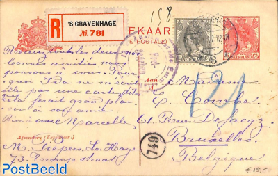 Postcard 5c, uprated with 10c stamp to Registered mail to Belgium, Censored