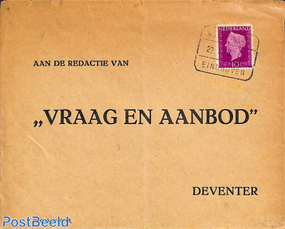 'Vraag en Aanbod' envelope to Deventer. Railway postmark from Eindhoven